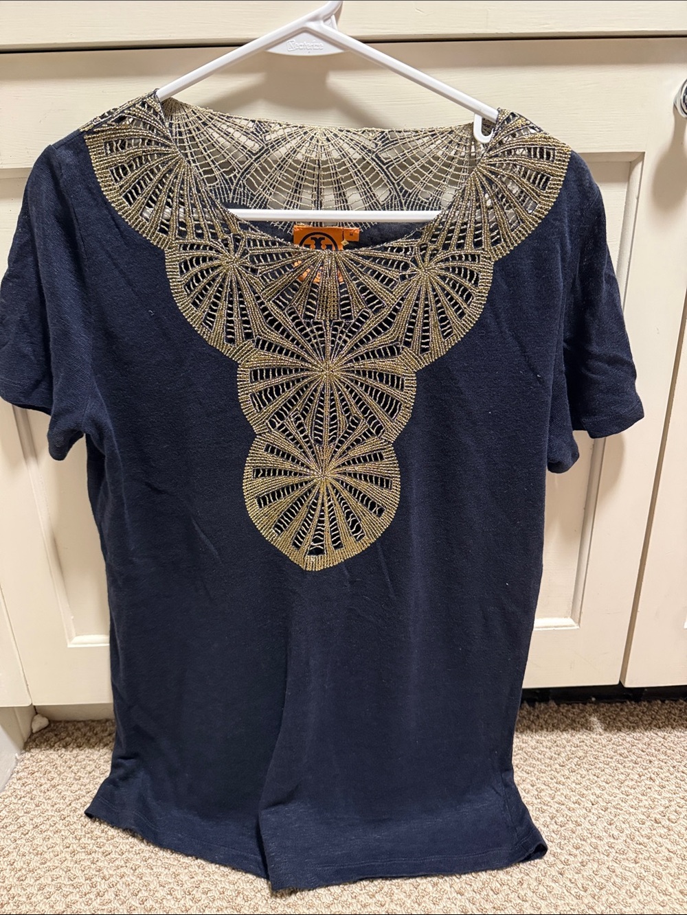 Tory Burch Navy Short-Sleeve Tee with Gold Embellished Scoop
